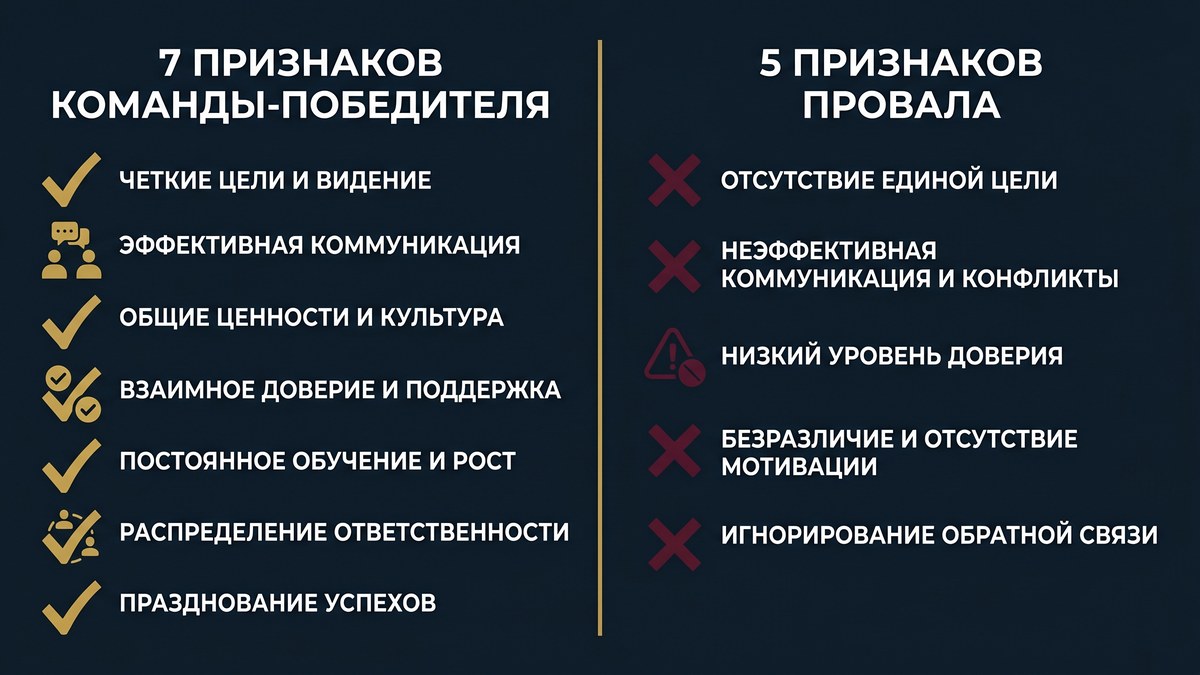 7 признаков команды-победителя против 5 признаков провала: визуальный контраст