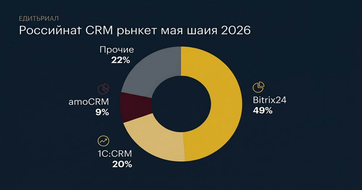 Рынок CRM в России 2026: Битрикс24 49%, 1С:CRM 20%, amoCRM 9%, прочие 22%