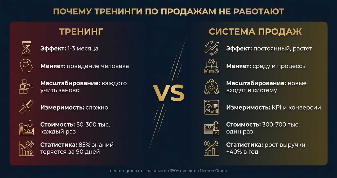 Почему тренинги по продажам не работают: сравнение тренинга и системы продаж