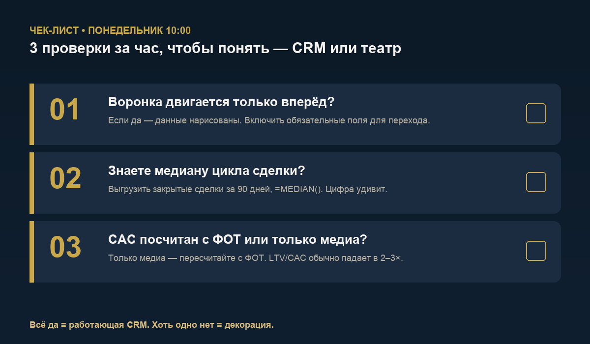 Чек-лист понедельник утром - три проверки за час