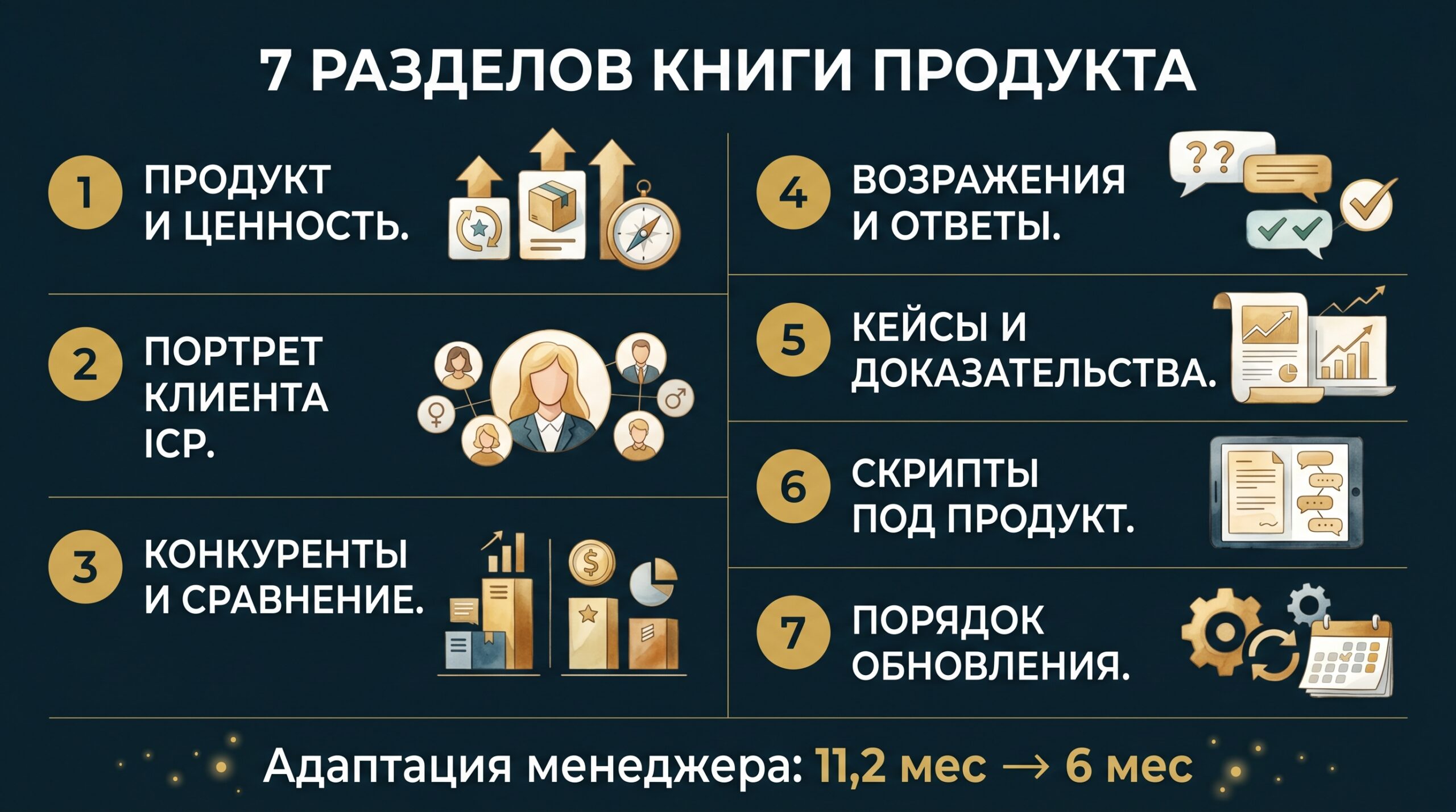7 разделов книги продукта: инфографика — адаптация менеджера с 11,2 до 6 месяцев