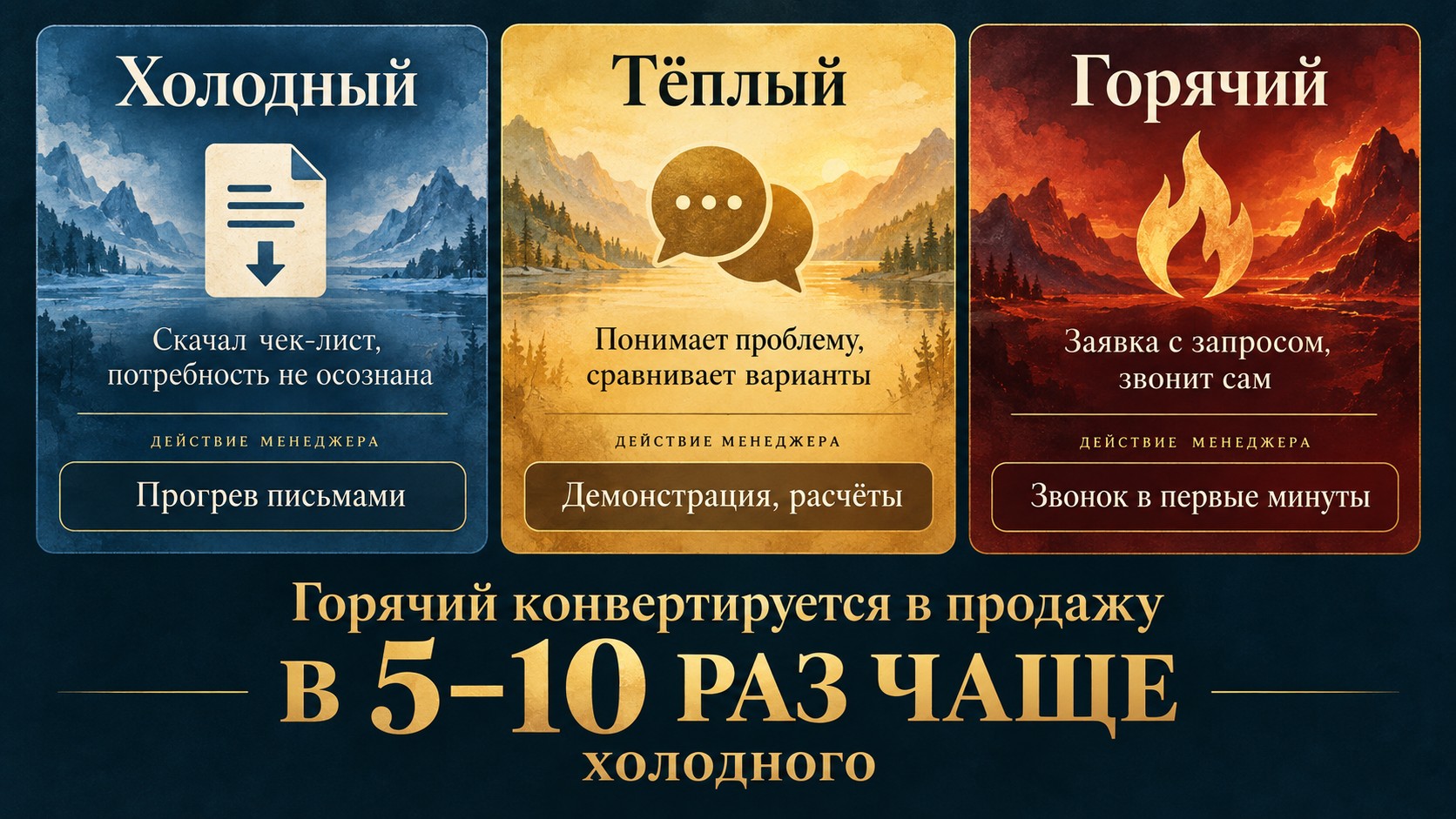 Виды лидов: холодный, тёплый, горячий. Горячий конвертируется в продажу в 5-10 раз чаще холодного