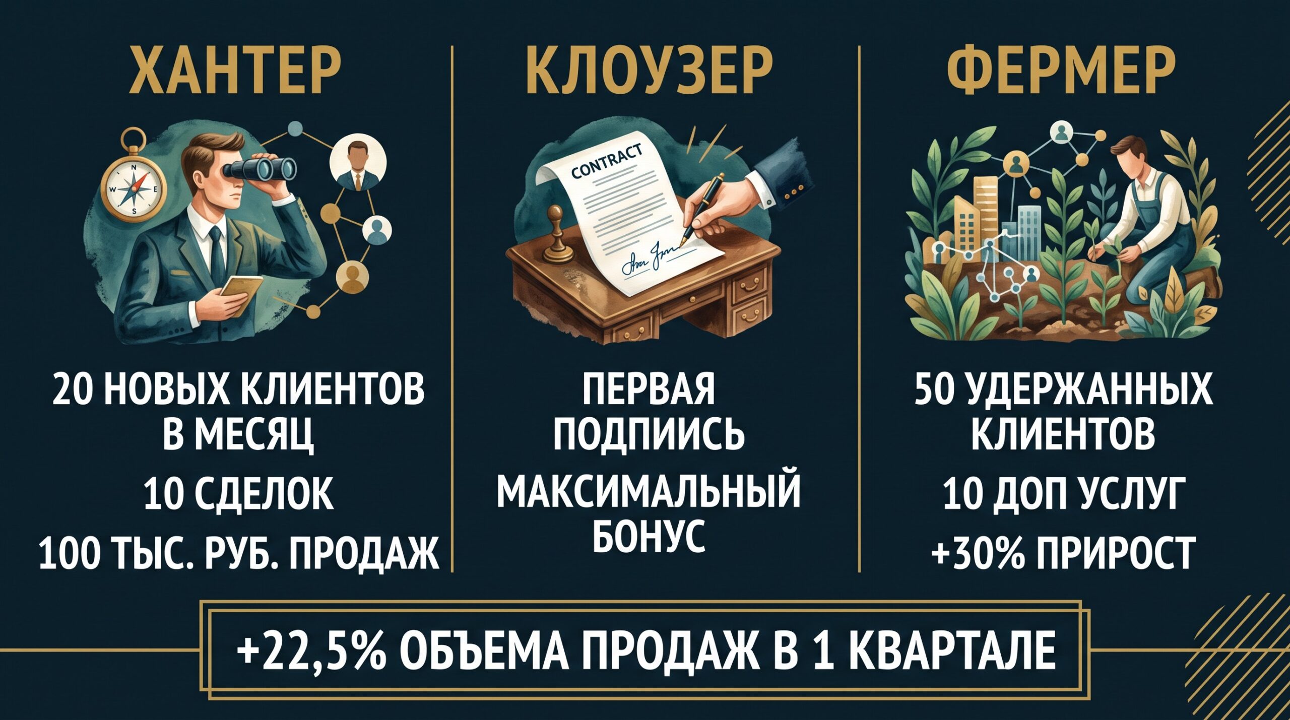 KPI ролей: Хантер 20 новых клиентов и 10 сделок в месяц, Клоузер первая подпись и максимальный бонус, Фермер 50 удержанных клиентов и 10 дополнительных услуг