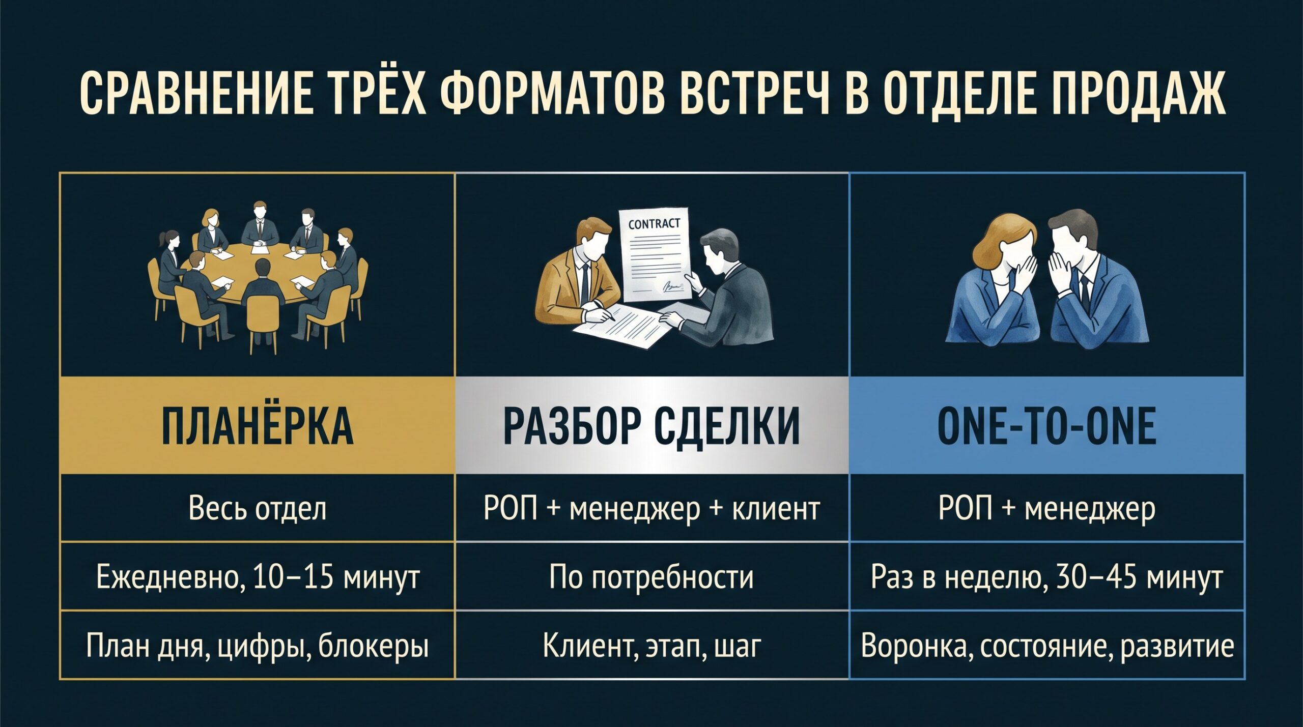 Сравнение трёх форматов встреч в отделе продаж: планёрка, разбор сделки и встреча один на один