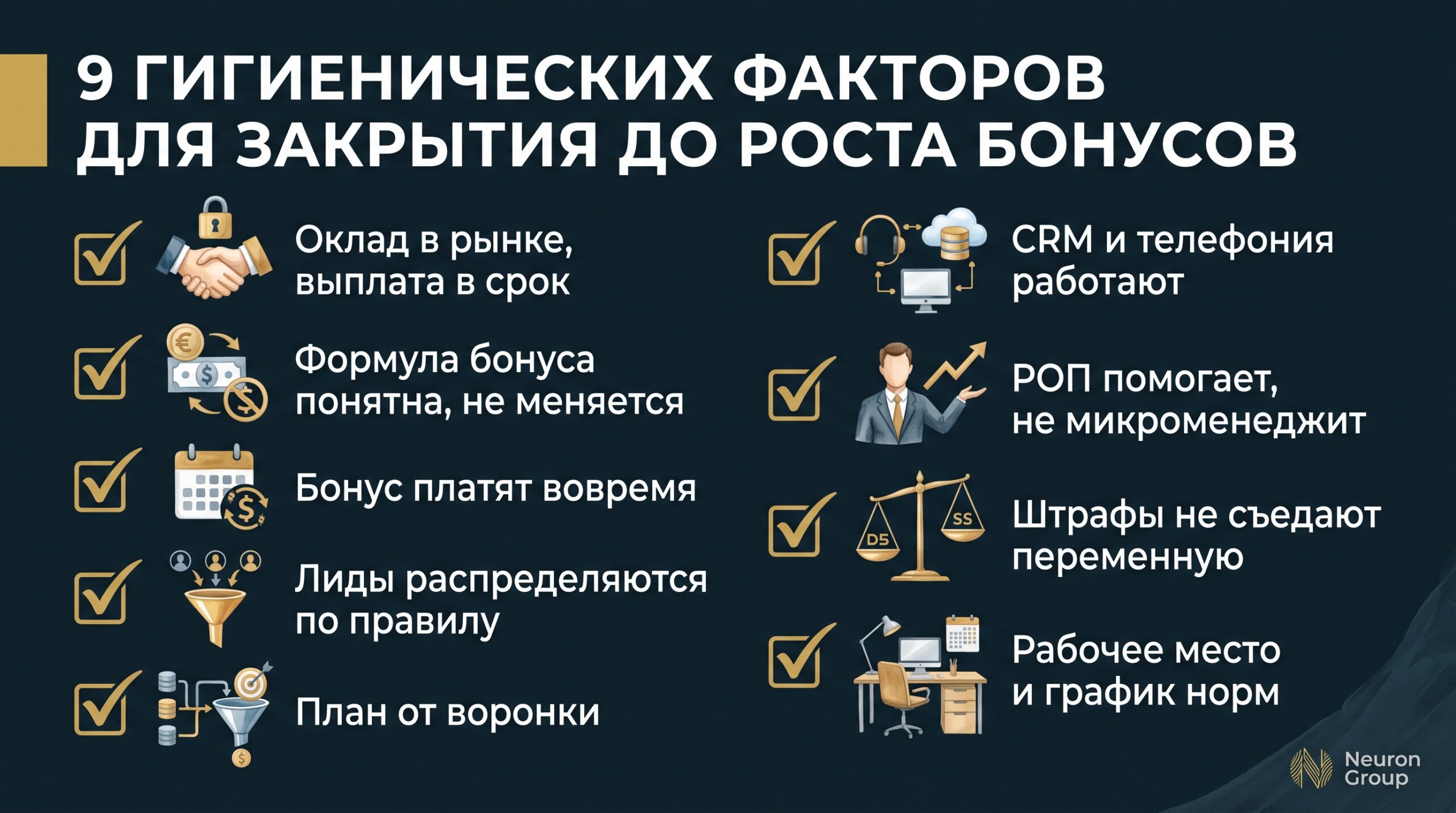 9 гигиенических факторов для закрытия до роста бонусов: оклад в рынке, формула бонуса, выплаты в срок, распределение лидов, план от воронки, CRM и телефония, поддержка РОПа, штрафы, рабочее место
