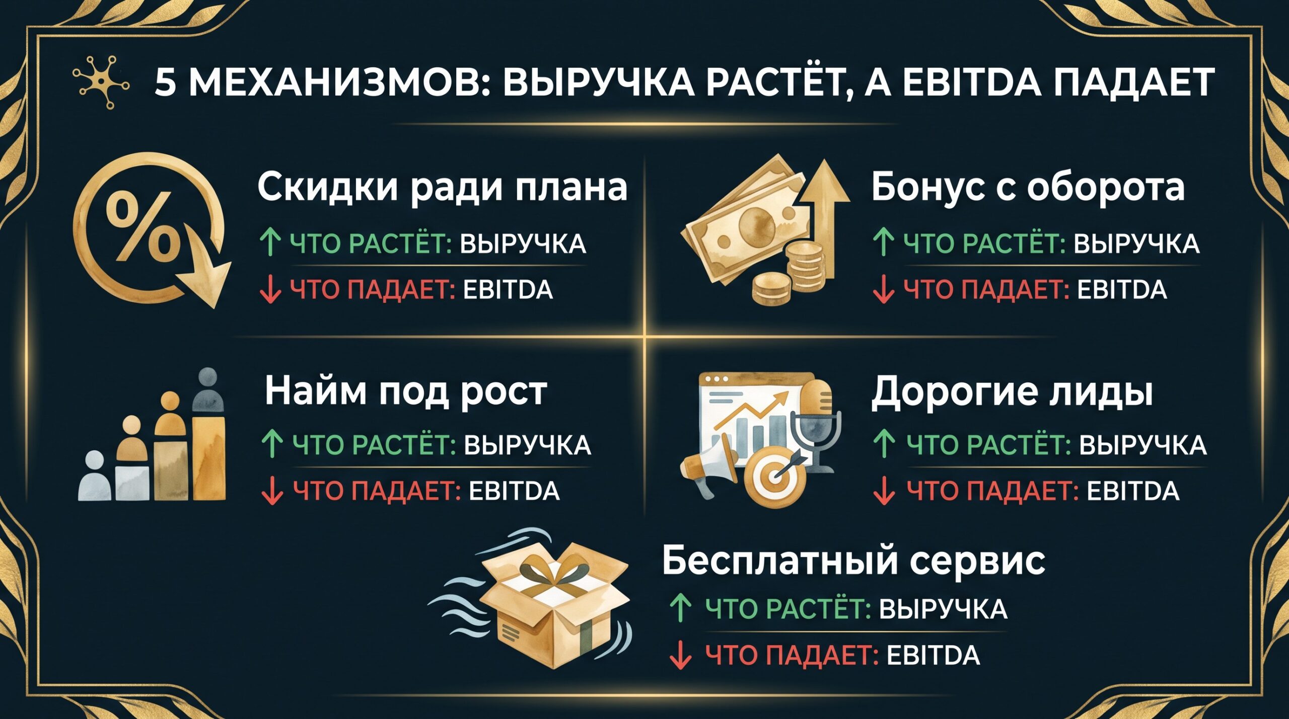 Пять механизмов: выручка растёт, а EBITDA падает - скидки, бонус с оборота, найм под рост, дорогие лиды, бесплатный сервис