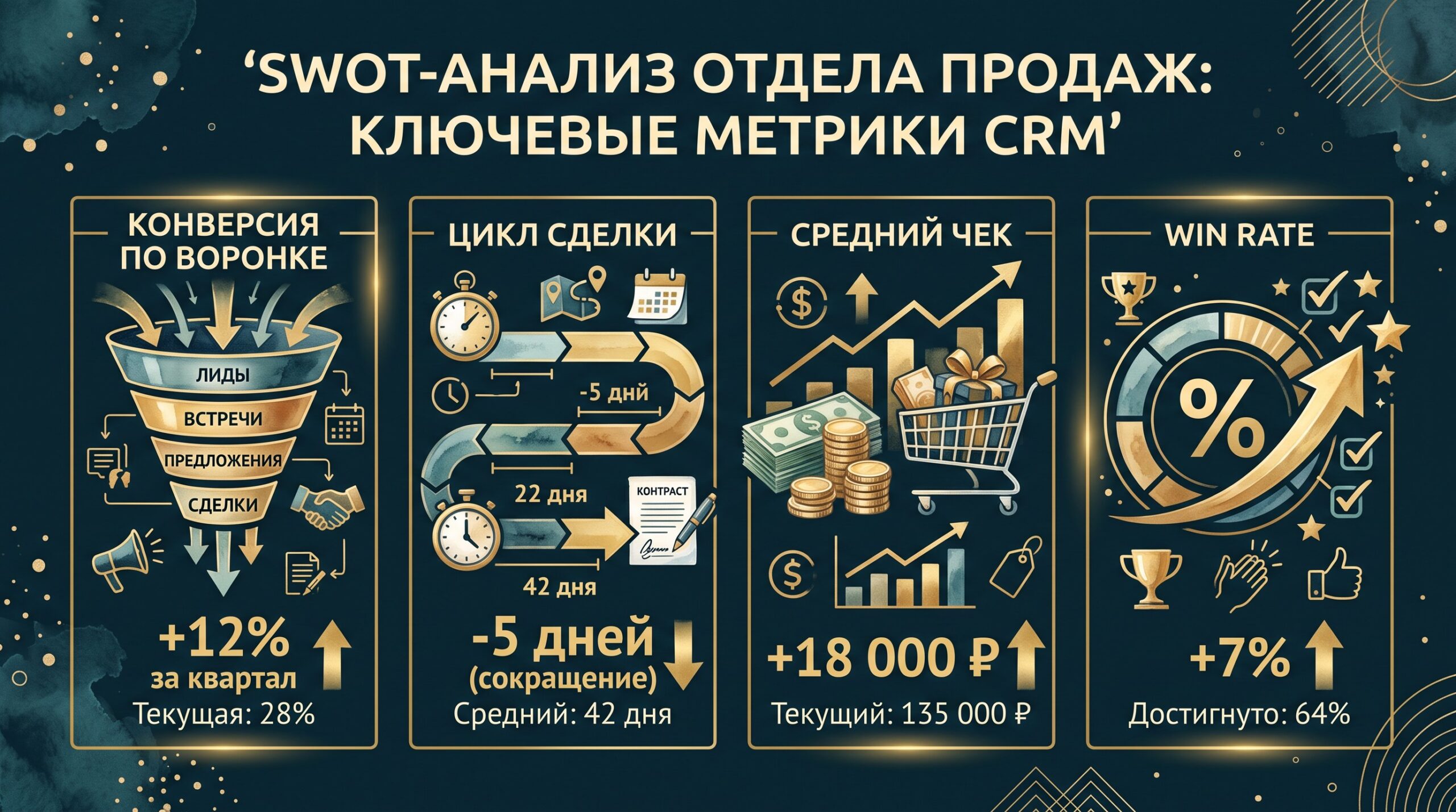 Четыре ключевые метрики CRM для SWOT-анализа отдела продаж: конверсия по воронке, цикл сделки, средний чек и win rate с примерами трендов