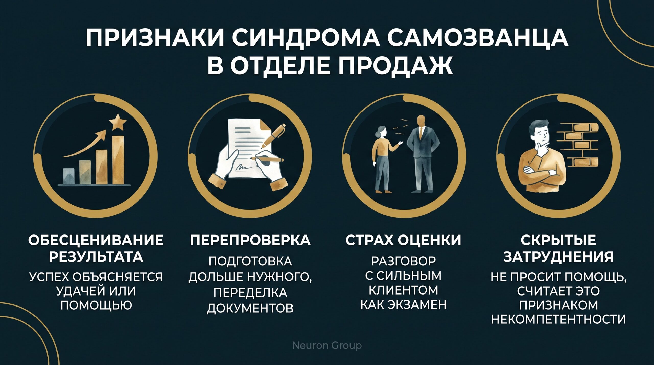 Признаки синдрома самозванца: обесценивание результата, перепроверка, страх оценки, скрытые затруднения