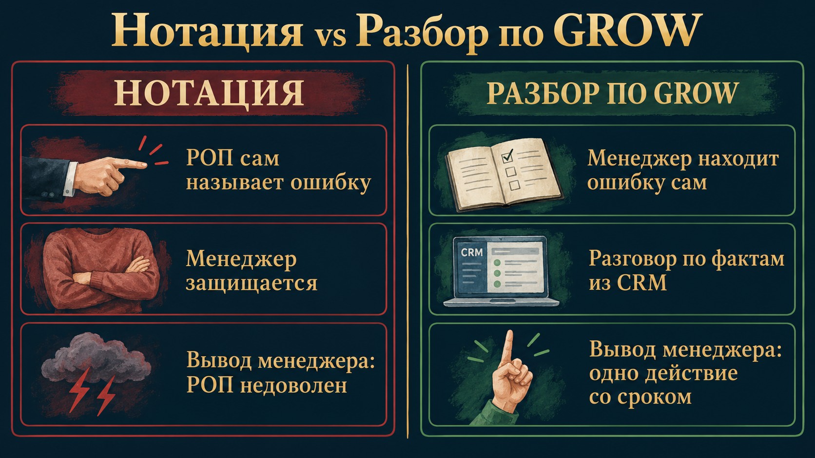 Сравнение: критика менеджера через нотацию vs коучинг через разбор по модели GROW