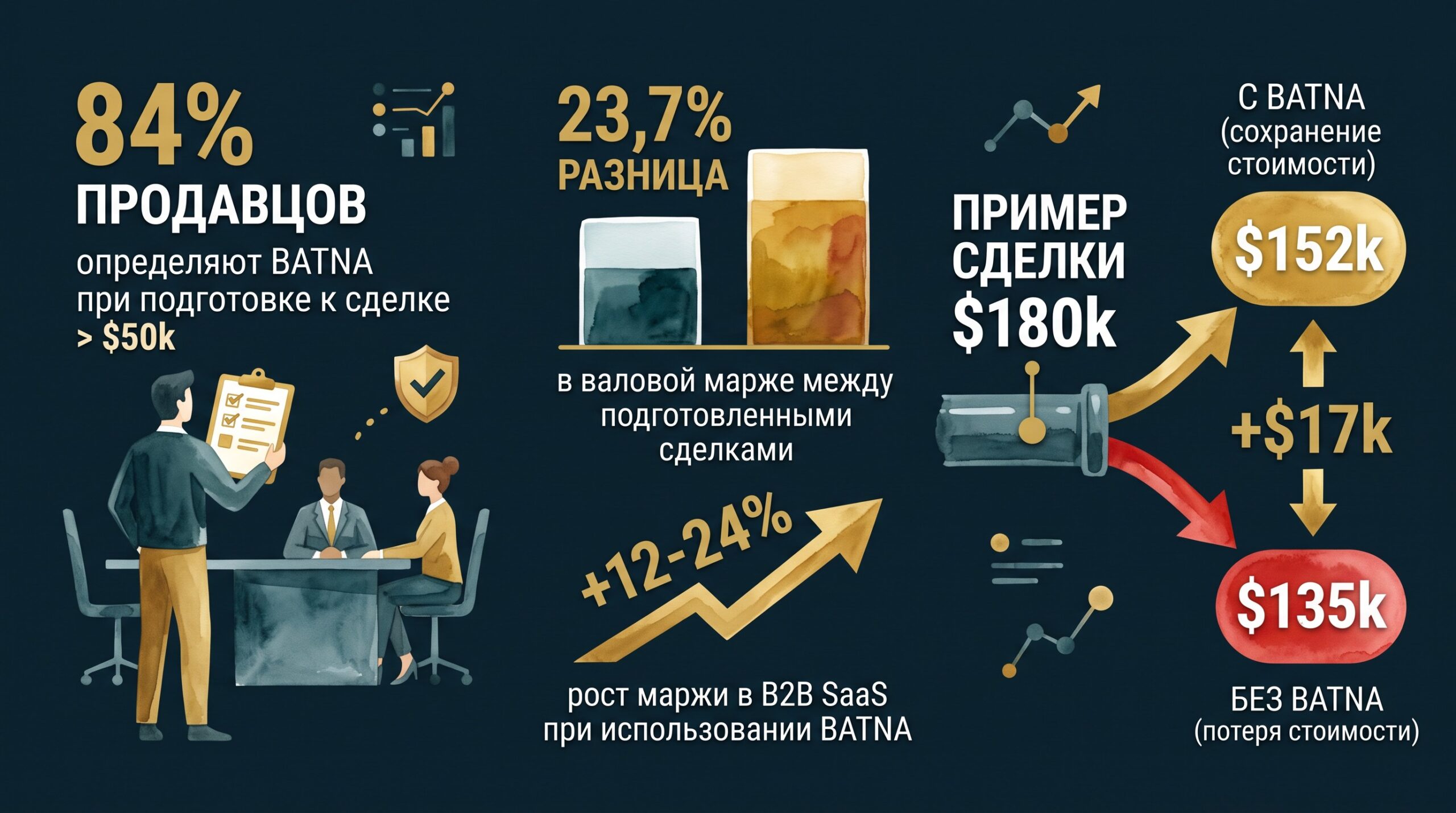 Статистика влияния BATNA на маржу в B2B: 84% продавцов, 23.7% разница, $180k пример