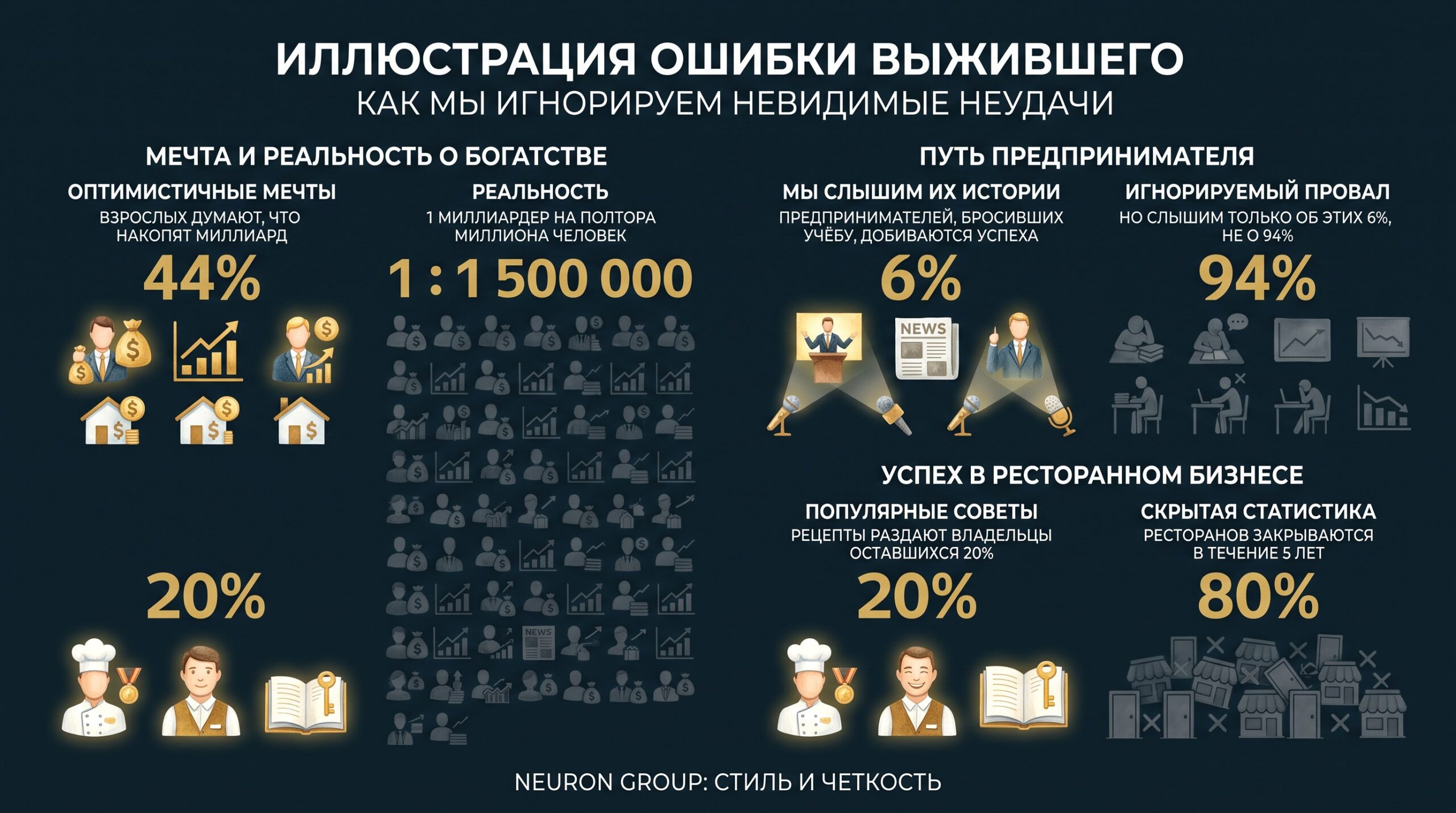 Инфографика ошибки выжившего: контрастные цифры о богатстве, предпринимателях и ресторанах, видимые успехи vs невидимые провалы