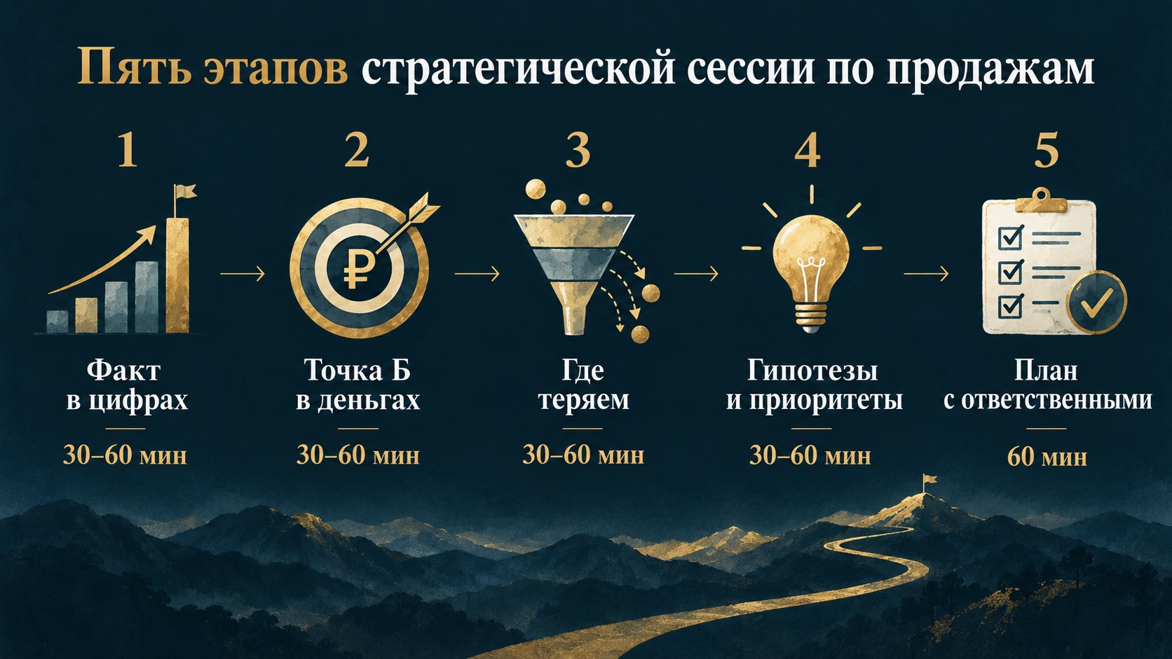Пять этапов проведения стратегической сессии по продажам: факт в цифрах, точка Б в деньгах, где теряем, гипотезы и приоритеты, план с ответственными