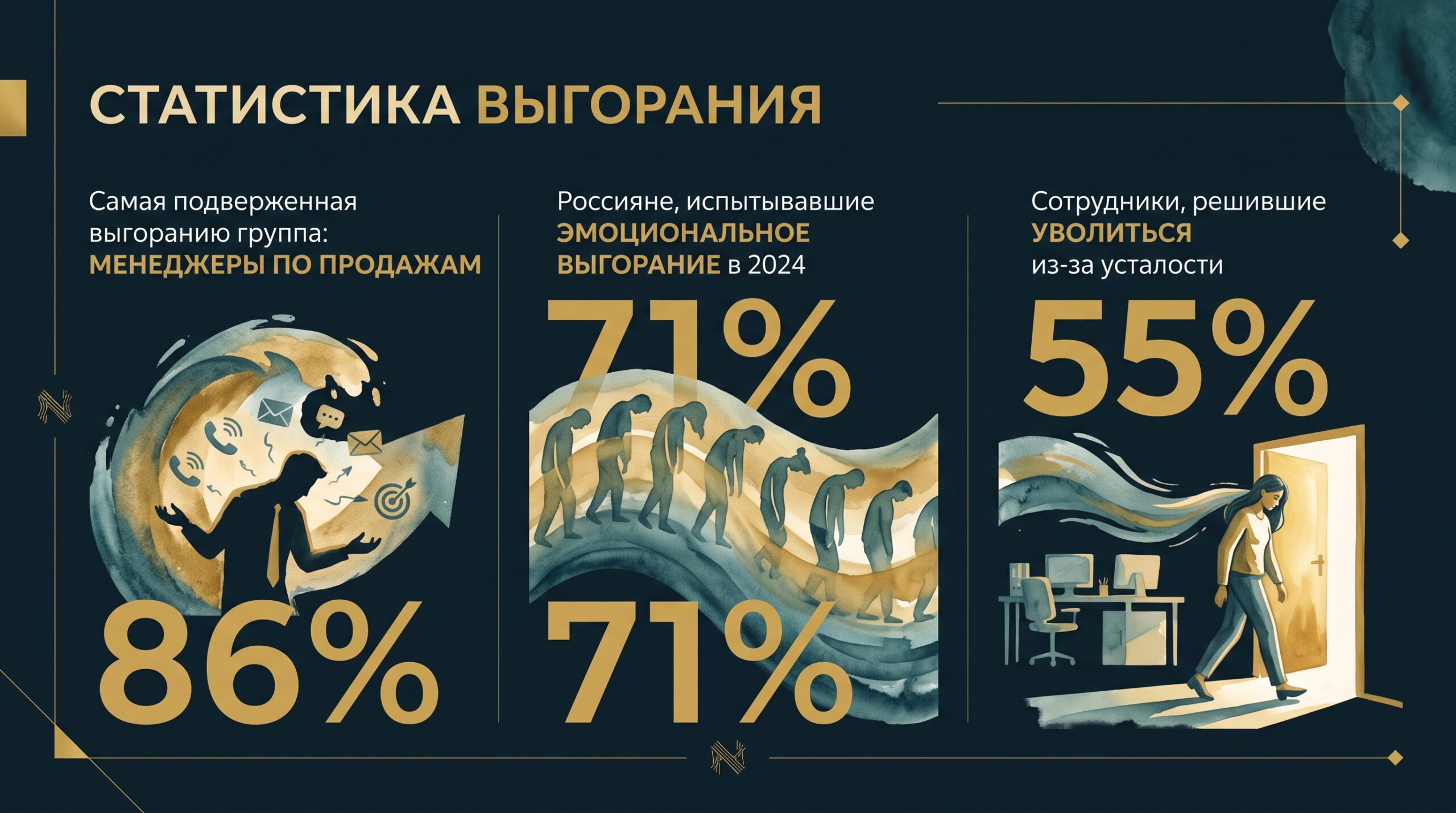 Статистика выгорания: 86% менеджеров по продажам, 71% россиян, 55% уволились