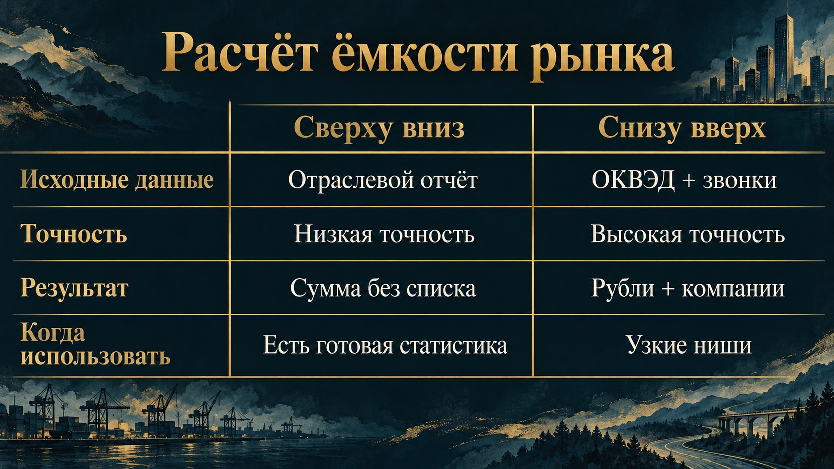 Сравнение подходов: сверху вниз (отраслевой отчёт, низкая точность) vs снизу вверх (ОКВЭД + звонки, высокая точность)