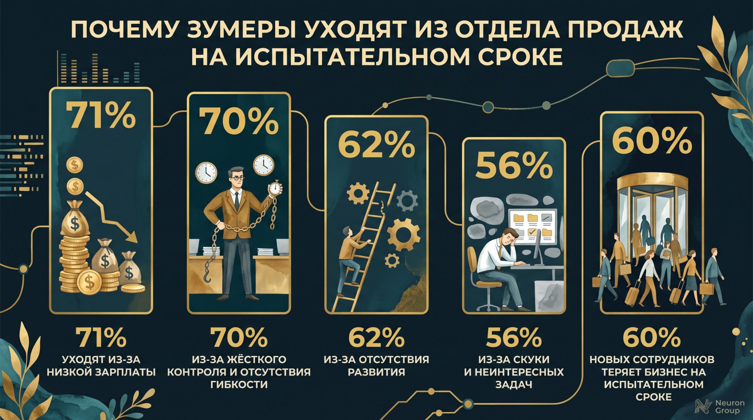 Почему зумеры уходят из отдела продаж на испытательном сроке: 71% из-за низкой зарплаты, 70% из-за жёсткого контроля, 62% из-за отсутствия развития, 56% из-за скуки