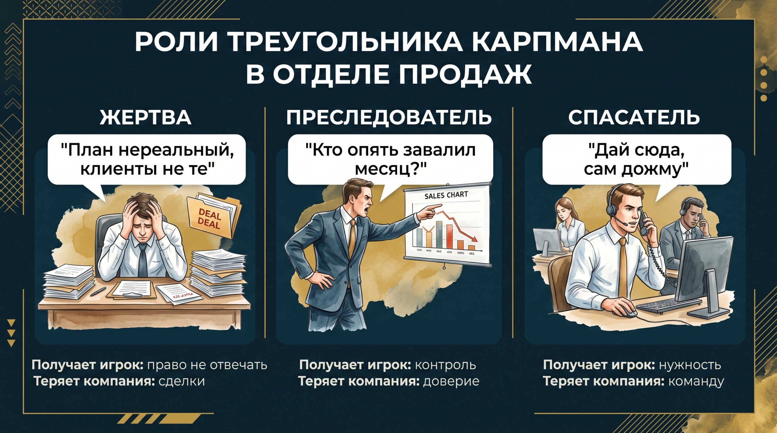 Роли треугольника Карпмана в отделе продаж: жертва, преследователь, спасатель