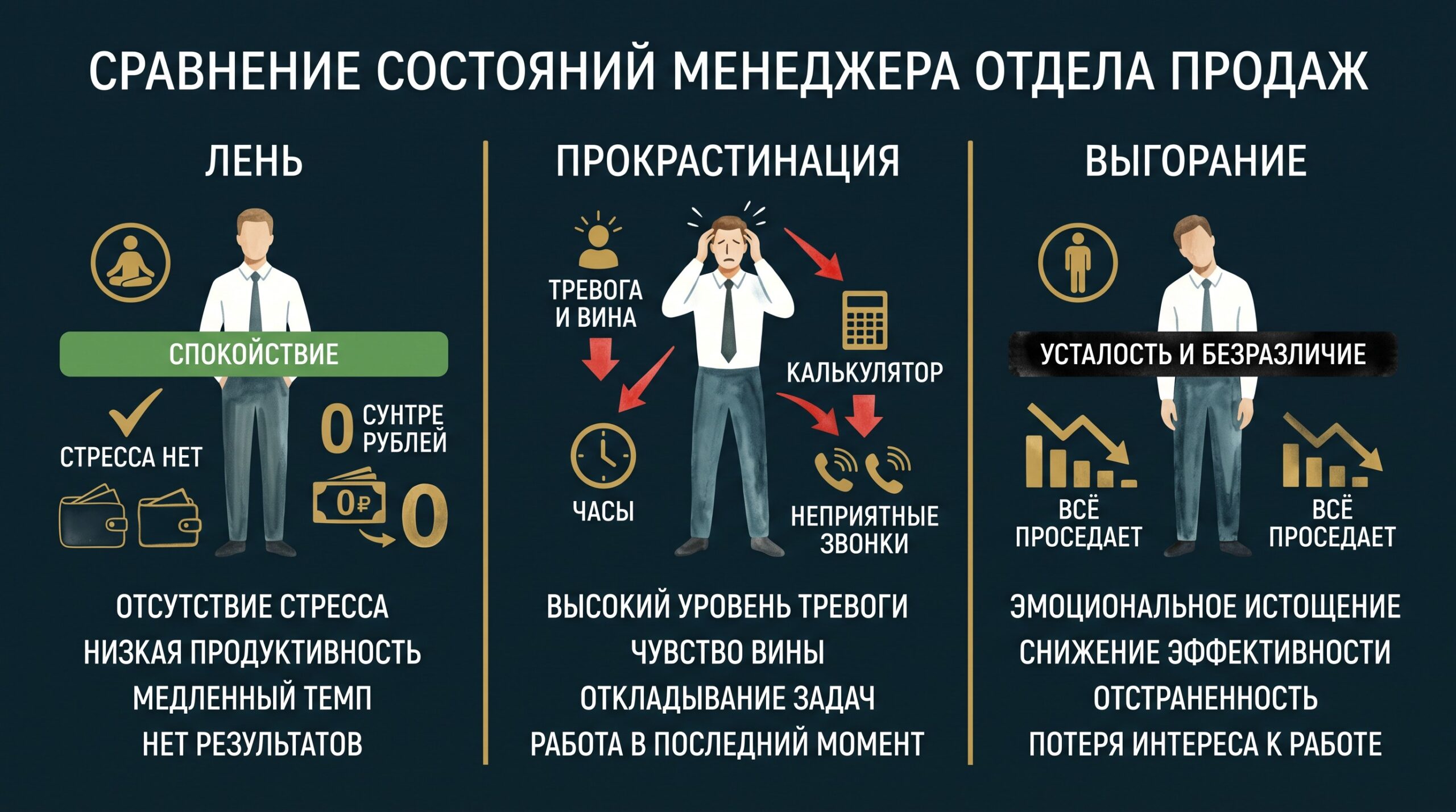 Сравнение состояний менеджера: лень, прокрастинация, выгорание